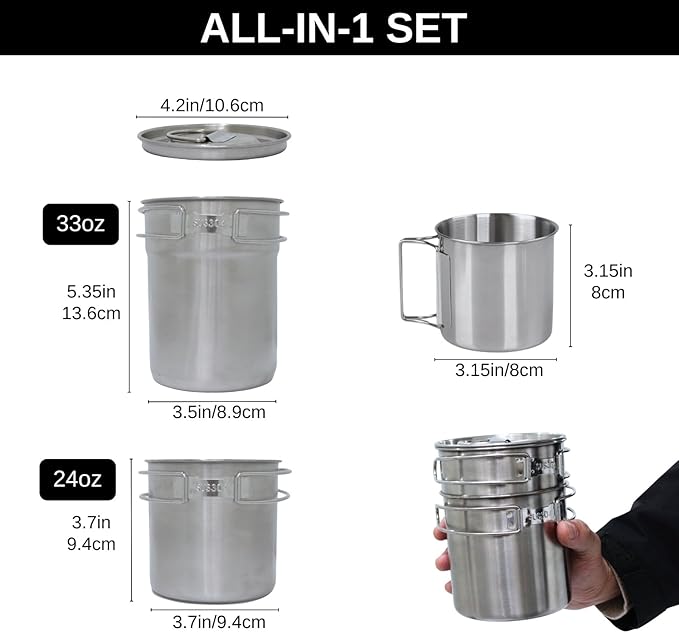 BeGrit Camping Cups Mugs Stainless Steel Camping Pot Food Grade Metal Camping Cookware with Folding Spoon, Vented Lids
