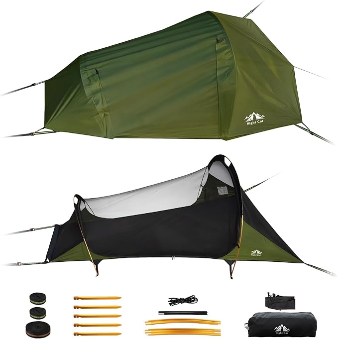 Night Cat Flat Lay Hammock Tent: Portable Lightweight Camping Hammock with Mosquito Net Waterproof Rainfly for 1 Person Outdoor Camping Green