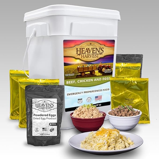 Heaven’s Harvest 25-Year “Protein Booster” Family Food Kit — Emergency Food Supply. Freeze Dried Survival Food Kit + Water-Proof 25-Year Storage Bucket. (132 Protein Booster Servings)