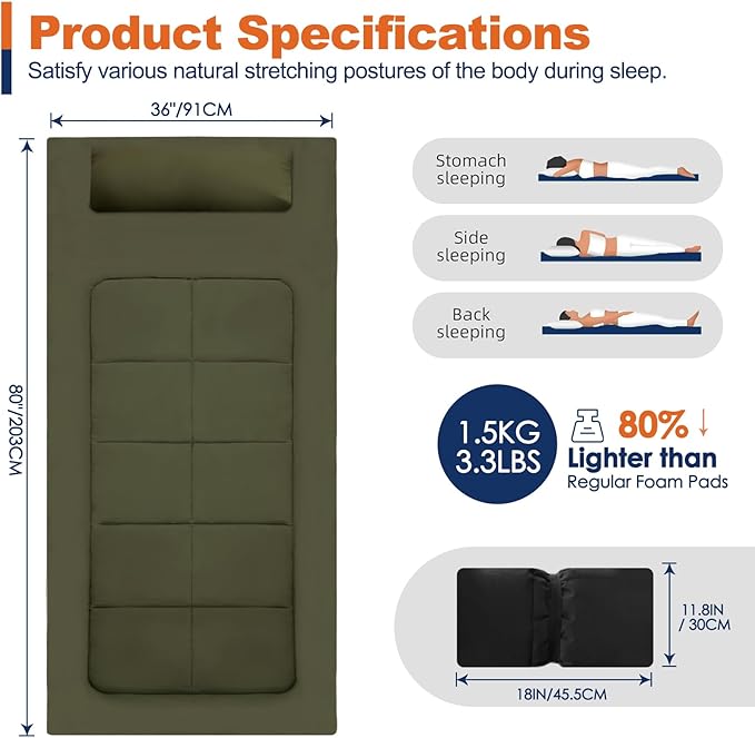 Camping cot Mattress Comfortable Portable Sleeping Pad for Adults Waterproof Fabric Floor Mattress Easy to Store Sleeping Mat for Guest Garden Home Lawn Outdoor Indoor