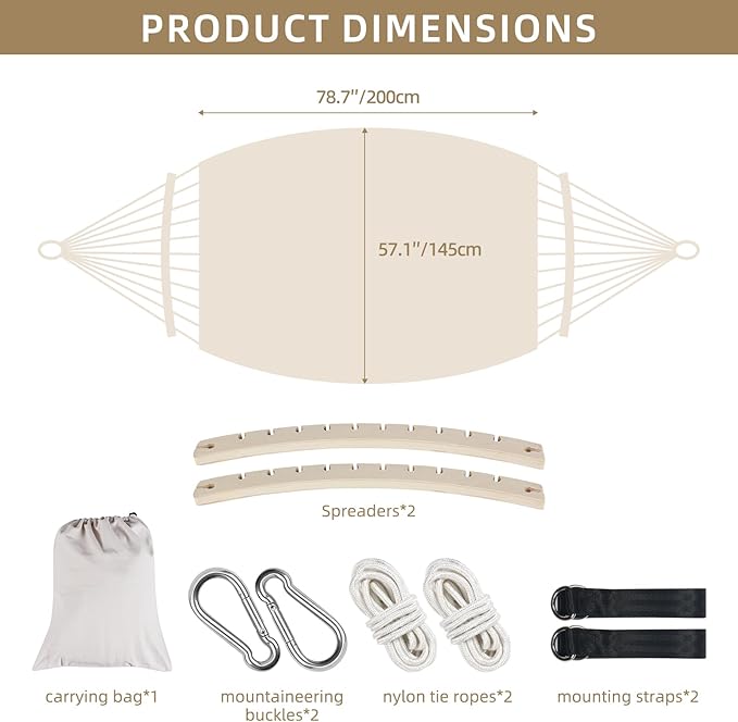 Portable Hammock, Hanging Hammock with Tassels and Fishtail Knitting, 320GSM Hanging Bed with Set Full Accessories for Outdoor Camping Patio Balcony Beige