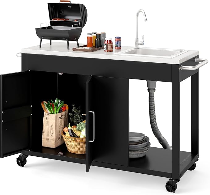 Happygrill 56" Outdoor Grill Table with Sink & Drainage, Heavy Duty Metal Grill Cart with Stainless Steel Top & Storage Cabinet, Outdoor Prep Table with Handles & Wheels for Patio, Garden & Backyard