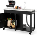 Happygrill 56" Outdoor Grill Table with Sink & Drainage, Heavy Duty Metal Grill Cart with Stainless Steel Top & Storage Cabinet, Outdoor Prep Table with Handles & Wheels for Patio, Garden & Backyard