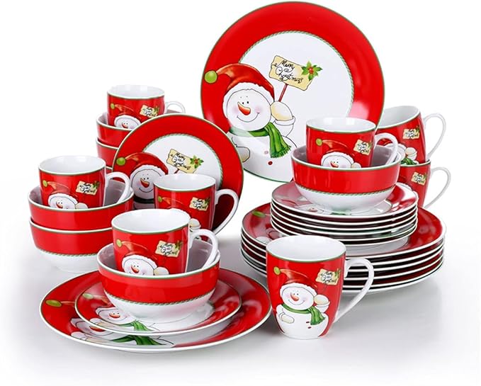 GaRcan Sudemota Dinner Plate Christmas Snowman 16/32-Piece Porcelain Dinner Tableware Set with Dinner Dessert Plate,Bowl,Mug Service for 4/8 Person/a/32-Piece