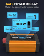 Ampeak 2000W Power Inverter 6.2A Dual USB Ports 3AC Outlets Stable Voltage Output Inverter DC 12V to AC 120V 17 Protections for Truck, Hurricane, Rv