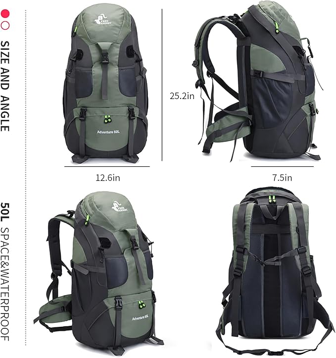Bseash 50L Hiking Backpack, Water Resistant Lightweight Outdoor Sport Daypack Travel Bag for Camping Climbing Skiing Cycling (Army Green - With Shoe Compartment)