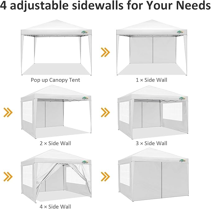 COBIZI 10x10 Pop Up Canopy Tent with 4 Sidewalls Party Tents Waterproof UPF 50+ Commercial Instant Outdoor Events Tent for Parties Markets Backyard, Ropes（10 x 10 ft White