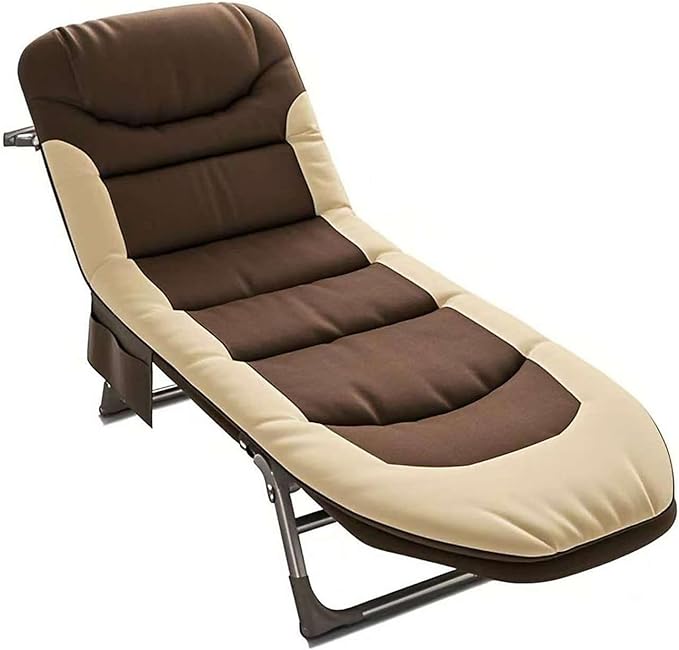 Folding Camping Cot for Adults with Adjustable Backrest & Pillow, Portable Lounge Chair Bed, 6-Position Recliner, Waterproof Outdoor Cot Supports 450lbs, Includes Side Pocket (Brown)