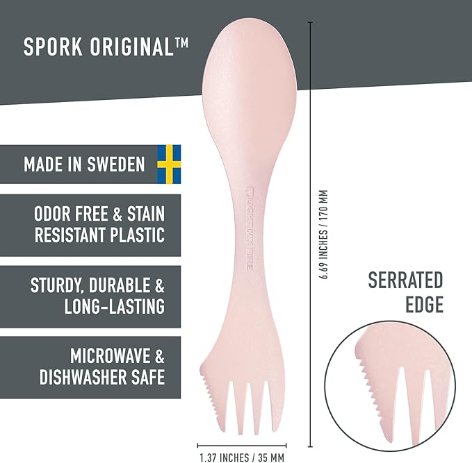 Light My Fire Spork Original 4-Pack 3-in-1 Camping Spoon Fork Knife Combo Reusable Travel & Camping Utensils Lunch Spork Outdoor Backpacking Hiking Picnic Utensil BPA Free, Meadow