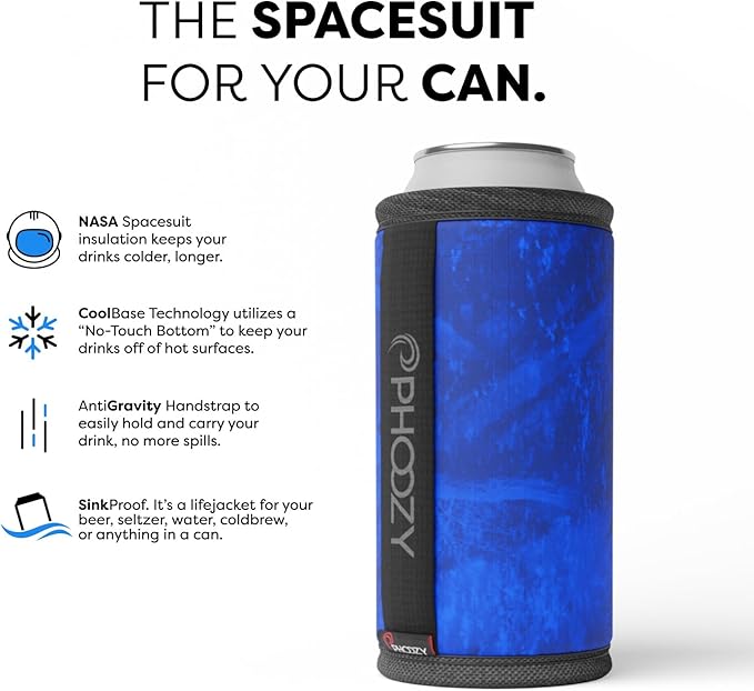 PHOOZY Insulated Can Cooler for Tall 16oz Cans with NASA-Inspired Technology - Patented Koozie That Keeps Drinks Cold 10x Longer - Lightweight Beer Koozie for Outdoor Adventures - Blue