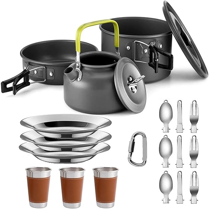 Compatible for Camping Cooking Set Cookware Travel Tableware Outdoor Picnic Teapot for 2-3 Peaple Non-Stick Pots Assorted Sets