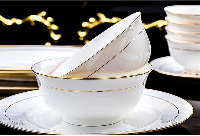 56 Pieces Dinner Set, White Porcelain Bone China Combi-Set Tableware Set with Cereal Bowl Bowls Dessert Plates Soup Plates Dinner Plates with Gold Rim Service for 10 People