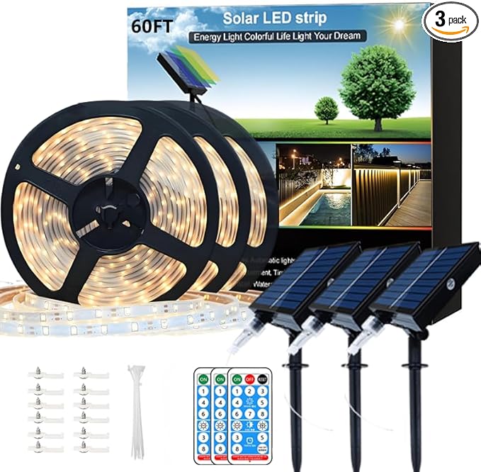 60ft Total (3x20ft) - 3 Pack Solar Light Strip Outdoor Waterproof, 8 Mode with Remote Timer and Auto On/Off, Self-Adhesive, Perfect for Yard, Garden, Porch and Sidewalk Decor, Warm White