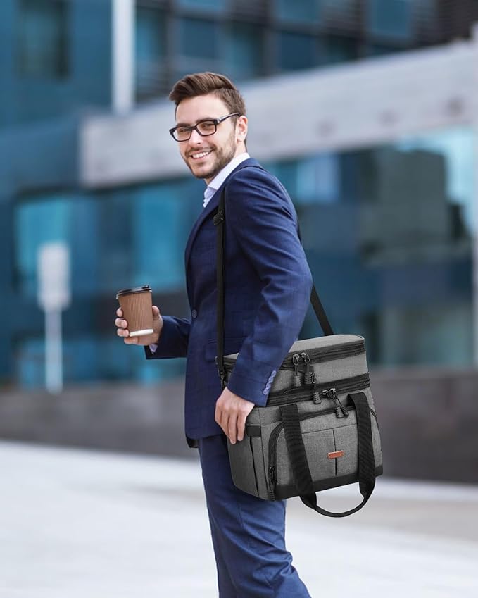 Lunch Box For Men Women Double Deck Insulated Lunch Bag For Men Woman Leakproof Expandable Cooler Bag with Adjustable Shoulder Strap for Kids Shool Work Picnic Camping(Gray‌,Large)