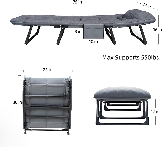 Camping Cot with Mattress, No Assembly Required Heavy Duty Folding Camping Cot for Adults, 550 Lbs Capacity Adjustable Portable Sleeping Bed for Indoor, Outdoor & Patio Use (L''75)