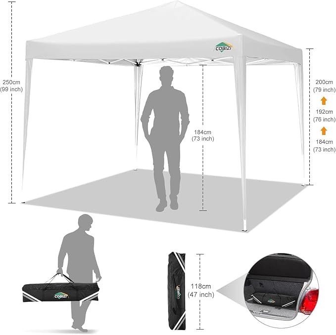 COBIZI 10x10 Pop Up Canopy Tent with 4 Sandbags, Easy Set Up Tent, Instant Outdoor Sun Shelter Canopy with 8 Stakes,4 Ropes&Carry Bag, Tents for Parties, Beach, Backyard,Camping(White)