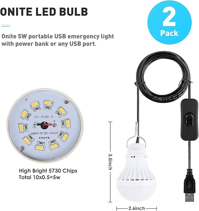 2-Pack Onite USB LED Light Bulb, Emergency Backup Lighting for Camping, Garage, Power Outage Preparedness, for Portable Power Station & Solar Panel, Outdoor Lantern, Warm White