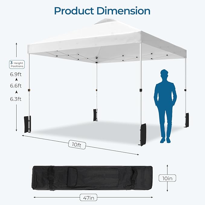 10x10 Pop Up Canopy Tent, Portable Outdoor Tent with Central Lock, UPF50+ Fabric, Sturdy Steel Frame and Adjust Feet for Outdoor Events, Camping, Parties, 4 Weight Bags, Silver White