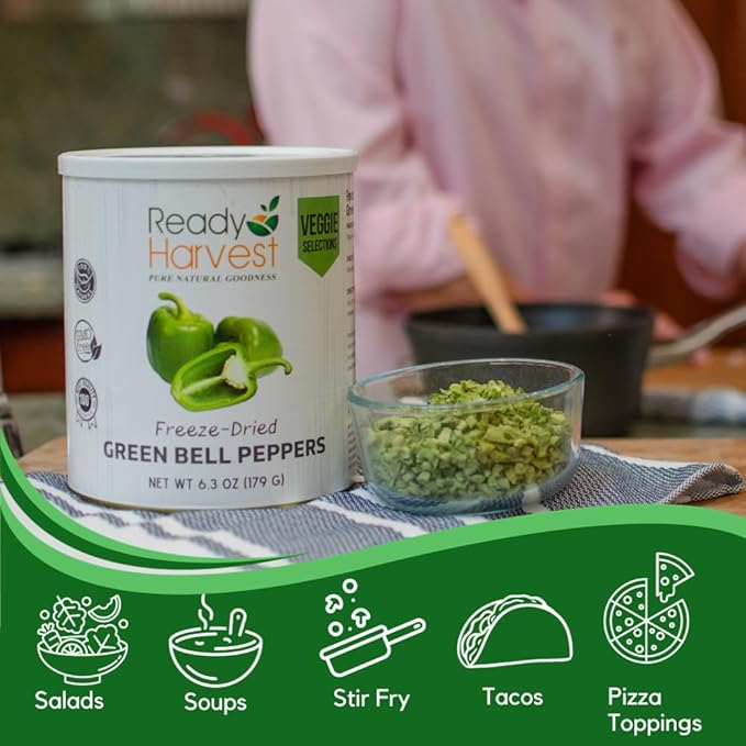 Ready Harvest Freeze Dried Food - Green Bell Pepper | Emergency Pantry Staples | Canned Vegetables | #10 Can | 25-Year Shelf Life | Cans Filled to the Top