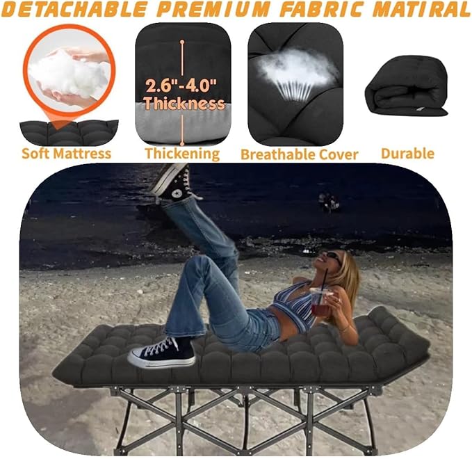 Oversized XXL Folding Camping Cot W/Mat for Adults,Heavy Duty Outdoor Bed with Carry Bag1200 D Layer Oxford Portable Travel Camp Cots Extra Wide Sleeping Cots (Black With Comfortable Mattress)