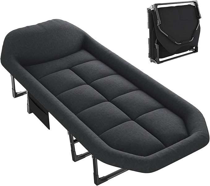 NEWBULIG Foldable Camping Cot for Adults, Sleeping Cots with Mattress, Pillow and Side Pocket, 6-Angle Adjustable Folding Camp Bed, 450lbs Weight Capacity, for Hiking, Traveling, Office Napping, Guest