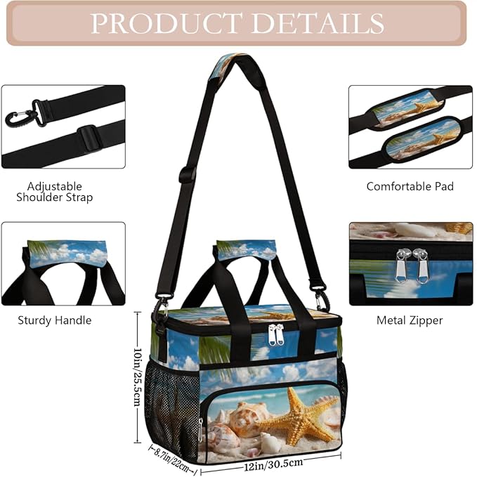 Beach Ocean Starfish Seashells Soft Cooler Bag Insulated Lunch Box for Men & Women, Large Leakproof Lunch Bag Portable Beach Cooler for Work, Picnic, Road Trips,Fishing, Travel, Camping,A-5