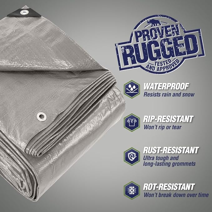 RUGGED RHINO All Weather 100% Waterproof Heavy Duty Tarp, 12x16, UV Temperature Resistant Tarps, High Durability Multipurpose Cover, for Home Outdoor Winter Snow Clean Up, Camping, 5 Mil, 1 PK Silver