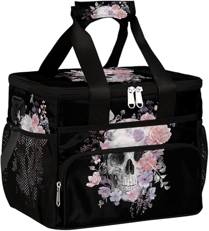 Skull Flower Floral Soft Cooler Bag Insulated Lunch Box for Men & Women, Large Leakproof Lunch Bag Portable Beach Cooler for Work, Picnic, Road Trips,Fishing, Travel, Camping,A-19