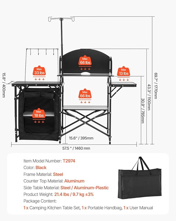 VEVOR Camping Kitchen Table, Outdoor Camp Cooking Table, Aluminum Portable Cook Station with Storage Cupboard, Carrying Bag, Detachable Windscreen, Quick Set-up for BBQ Party Picnic RV Travel, Black