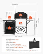 VEVOR Camping Kitchen Table, Outdoor Camp Cooking Table, Aluminum Portable Cook Station with Storage Cupboard, Carrying Bag, Detachable Windscreen, Quick Set-up for BBQ Party Picnic RV Travel, Black