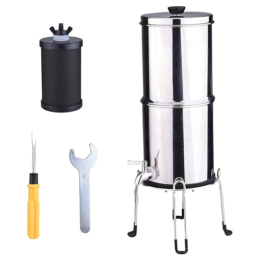 Drfeify 1 Gallon Gravity Water Filter System, 60ml min Rate Food Grade Stainless Steel, Removes Impurities Improves Taste, with Activated Carbon Silver Ions UF Membrane, for Camping (K8779A with