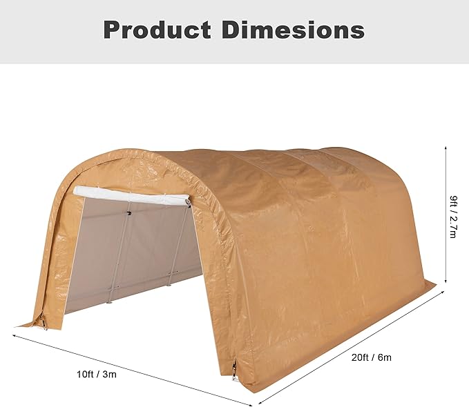 Carport 10 x 20 ft Outdoor Portable Storage Shelter Shed with 2 Rolled up Zipper Doors, Waterproof and UV Resistant Portable Garage Party Tent, Heavy Duty Car Canopy for Car, Truck, Boat, Brown