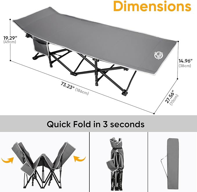 Northroad Camping Cot with Thick Mattress,Quick Set-Up Sleeping Cots Bed with Side Pocket for Outdoor Camping, Office Nap, Home Garden, Beach, Travel, Grey