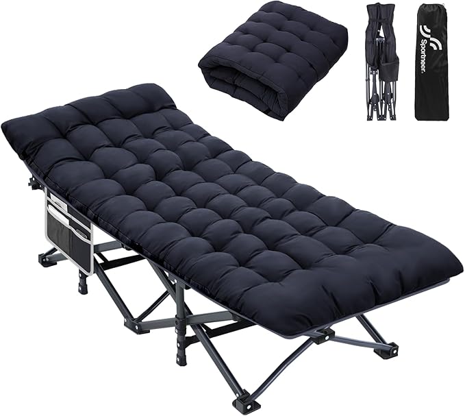 Sportneer Camping Cots for Adults: 1200D Double Layer Oxford Camping Cot with 2 Side Pockets - Heavy-Duty Comfort Cot Bed for Camping Travel Tent Day Outdoor & Home Guest, Ease of Setup