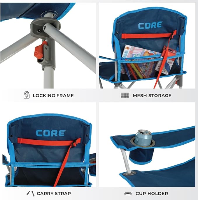CORE Youth Quad Chair | Folding Chair with Cupholder for Indoor Home or Outdoor Camping | Perfect for Concert Seat, Sports, Beach, Travel & Picnic (Blue)