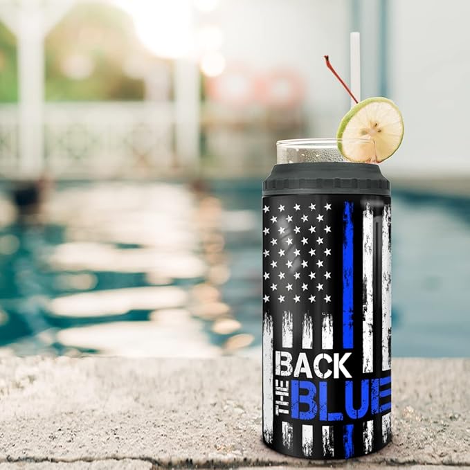 winorax Police Gifts Back The Blue American Flag Tumbler 4-in-1 Can Cooler Stainless Steel 12oz Travel Mug Coffee Cups US Flag Police Academy Graduation Gifts for Men Cops Officer Retirement