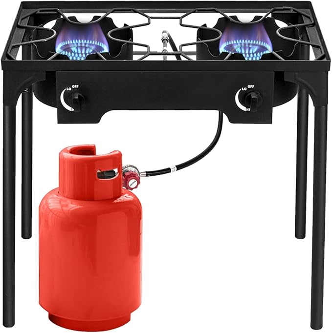 Double Propane Outdoor Burner, 150,000 BTU Camping Cooker,Heavy Duty Iron Cast Patio Burner with Removable Legs, Portable Propane Stove Gas Cooker for Home Brewing, Stir Frying, Camping, Tailgating