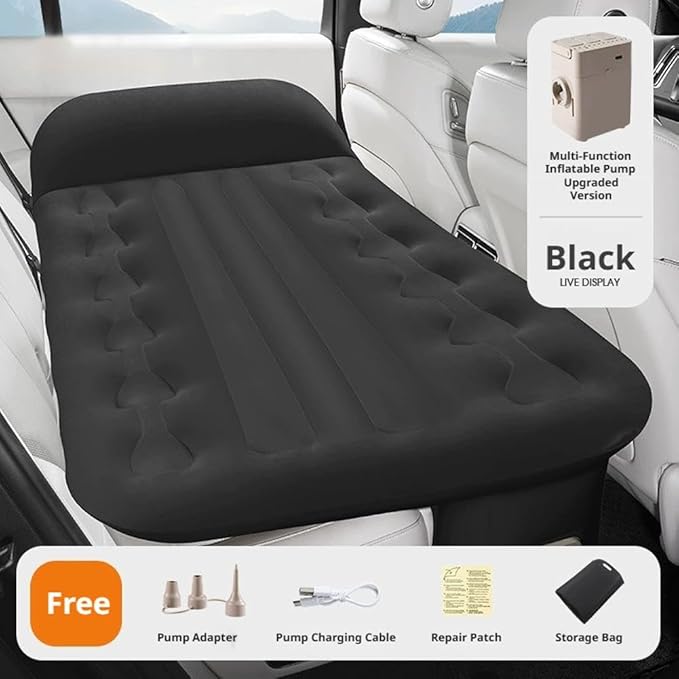 Inflatable Car Air Mattress Travel Bed, Thickened Car Camping Bed Sleeping Pad with Air Pump, Inflatable Pillows for Back Seat, Side Seat,Trunk Sleeping (Black 1set)