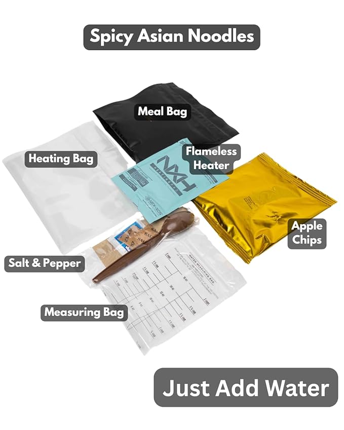 Heaven's Harvest Self-Heating Emergency Meal Kit (10 Year Shelf Life) — Tastier than MRE Meals & Ready-To-Eat in Minutes! Just add water to activate the “cooking” process. (Spicy Noodles) (12-Pack)
