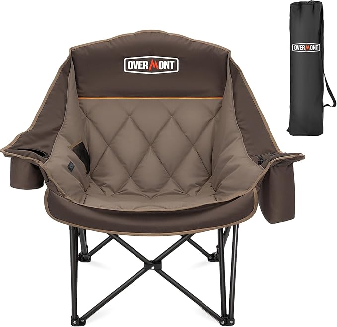 Overmont Oversized Camping Chair for Adults - 400lbs Support Heavy Duty Padded Folding Chair with Cooling Bag Cup Holder Side Pocket Carry Bag - Comfortable Portable for Outdoor Garden Sports Beach