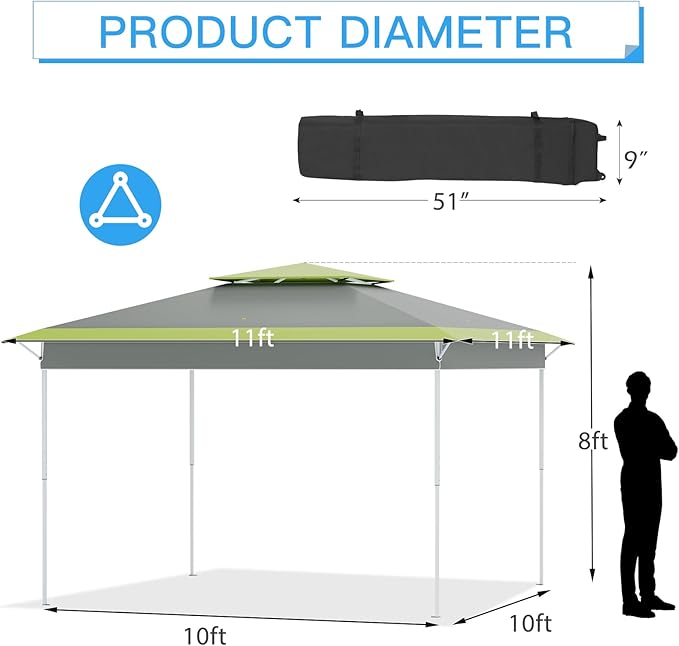 ECOTOUGE 11×11 Canopy Tent Instant Shelter Canopy with Carrying Roller Bag, Outdoor Party Gazebo with Waterproof and UV Resistant for Parties, Camping, Picnic, Grey-Green