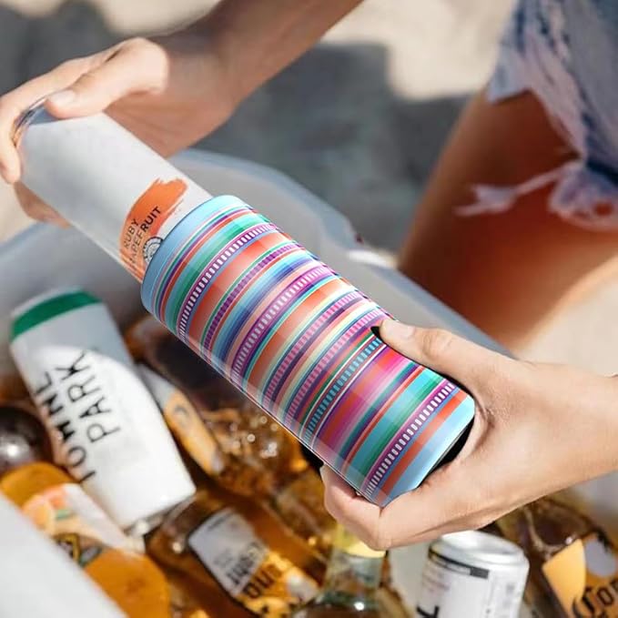 TILUCK Skinny Can Cooler for Slim Beer & Hard Seltzer, Stainless Steel, Doucle-Walled Stainless Steel Insulated Slim Cans, Standard 12 oz (Colorful Stripes)