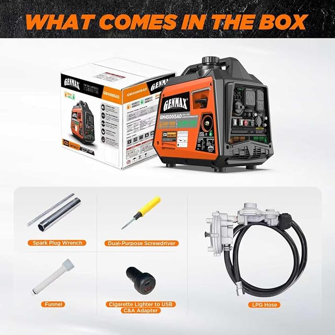 GENMAX 4500W Peak Dual-Fuel Silent Inverter Generator （2026 Model） - Ultra-Lightweight with CO Detector, EPA Compliant, Ideal for Home Backup & Outdoor Camping (GM4500iSAD)