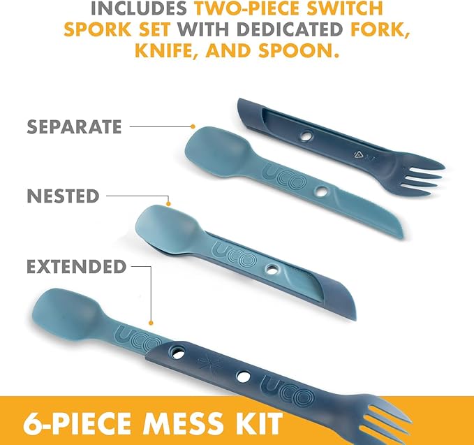 UCO 6-Piece Camping Mess Kit with Bowl, Plate, Collapsible Cup, and Switch Camping Spork