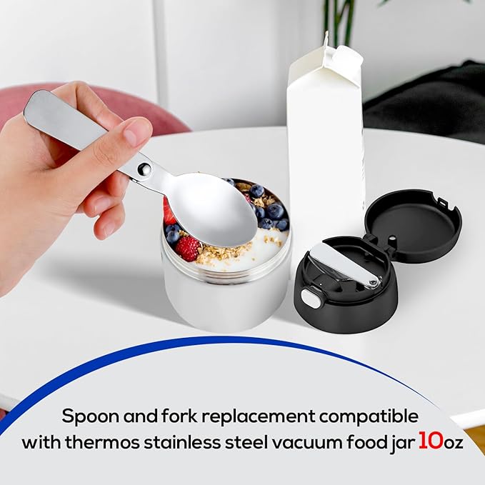 BOXOB 2pcs Folding Spoon & 2pcs Foldable Forks for Thermos Funtainer 10oz Food Jars, Portable Replacement Stainless Steel Spoons Forks for Travel Camping Picnic Outdoor Activities
