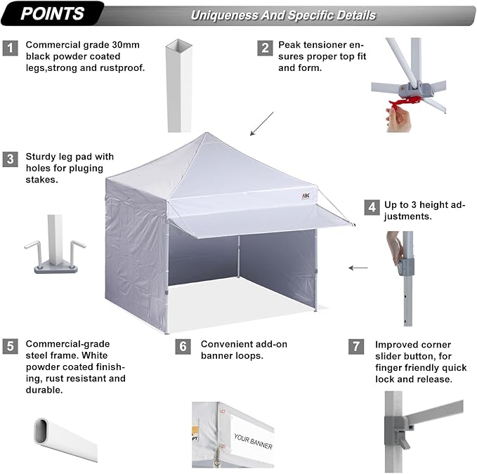 ABCCANOPY 10x10 Pop up Canopy Tent with Sidewalls - Easy up Canopies with Awning, Outdoor Tents for Parties, Market, Commercial Events, White