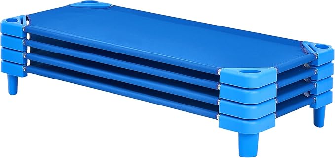 VEVOR Stackable Kiddie Cot, Pack of 4, Portable Toddler Nap Cots, Standard Size 52" L x 23" W Daycare Cots for Kids, Preschool Classroom Daycare Beds for Sleeping, Resting, Naptime, Blue