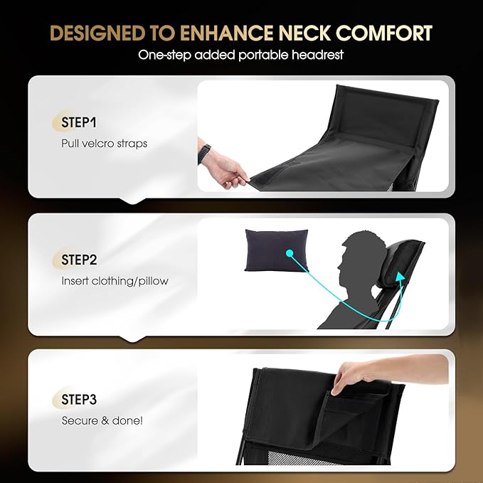 MOON LENCE Oversized High Back Camping Chair with Pillow for Adults, Height Adjustable Folding Chair with 400 lbs Capacity, Hidden Pillow Pocket & Wide Seat for Camping, Fishing, Base Camp, Black