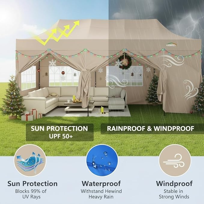 COBIZI 10x30 Pop up Canopy Heavy Duty with 8 Sidewalls,Easy Set-up Commercial Outdoor Party, Foldable UPF 50+ Waterproof Commercial Easy up Canopy with Wheeled Bag, Khaki
