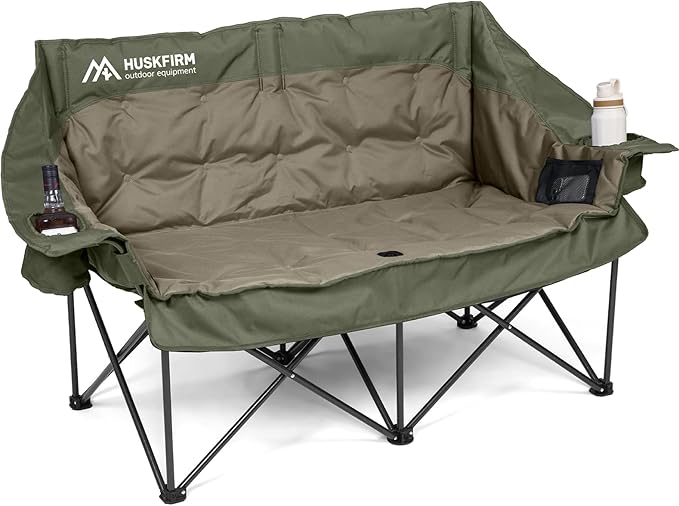 Double Camping Chair Oversized Padded Camping Chairs for Adults Folding Loveseat with Cup Holders and Side Pockets Heavy Duty Outdoor Lawn Chairs for Camping,Sports, Fishing,Beach,Green